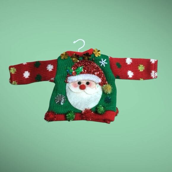 3 Mini Ugly Sweater Christmas Tree Ornaments - Santa Christmas Tree Wreath - Picture 2 of 5